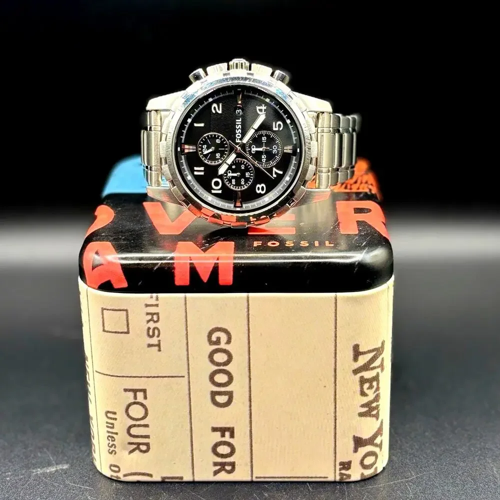 Fossil Dean FS4542 Black Chronograph Silver Tone Stainless Steel Watch 45mm